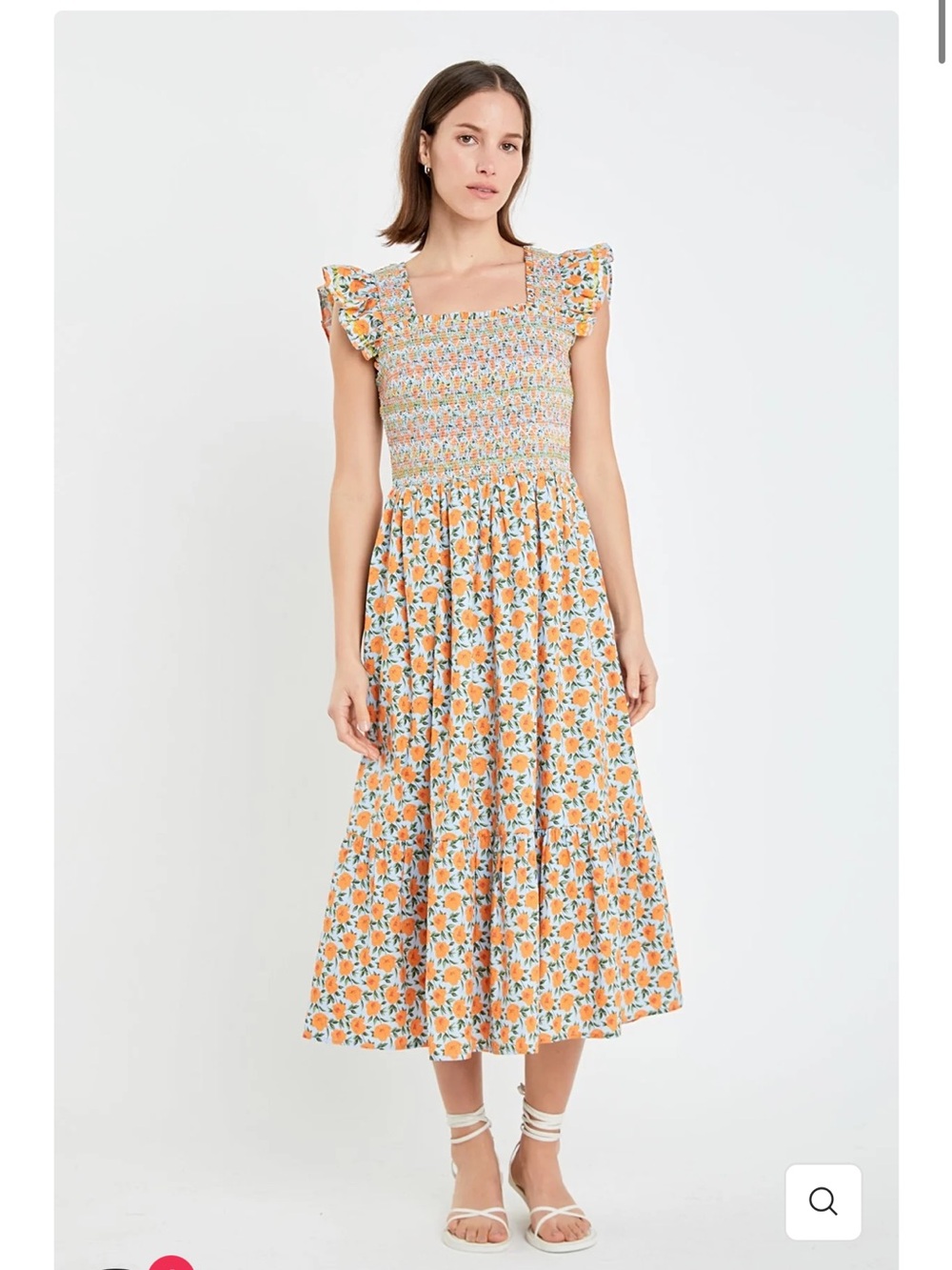 English Factory Smocked Midi Dress Peach Floral Ruffle Sleeve Square Neck Size M